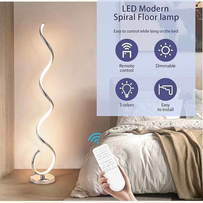 ADISUN LED Modern Floor Lamp for Living Room, Spiral Floor Lamp for Bedroom, 48W Dimmable Floor Lamp for Living Room Office Dining Room-Silver,Remote Control - LeafyLoom