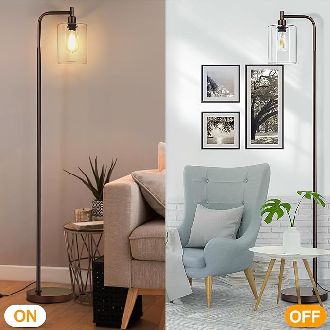 MAXvolador Industrial Floor Lamp, Modern Standing Lamps with Hanging Clear Glass Shade, Classic Reading Tall Pole Light for Living Room Bedroom, Brown - LeafyLoom