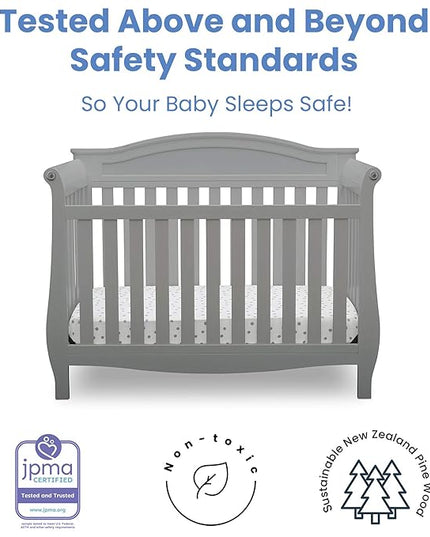 Delta Children Lancaster 4-in-1 Convertible Baby Crib, Grey + Serta Perfect Slumber Dual Sided Recycled Fiber Core Crib and Toddler Mattress (Bundle) - LeafyLoom