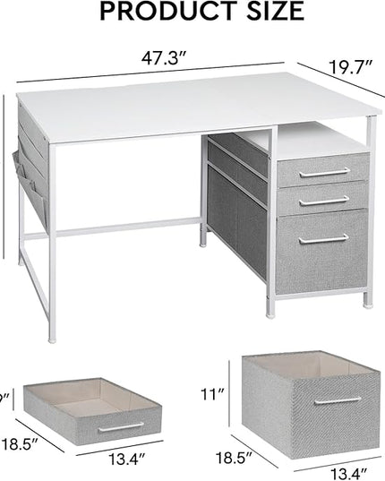 Ｍａｉｈａｉｌ Maihail Small Desk with Drawers, 47 inch Computer Desk with Shelves, Writing Desk with Storage, Small Office Desk with Metal Frame, White - LeafyLoom