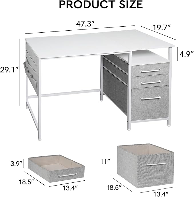Ｍａｉｈａｉｌ Maihail Small Desk with Drawers, 47 inch Computer Desk with Shelves, Writing Desk with Storage, Small Office Desk with Metal Frame, White - LeafyLoom