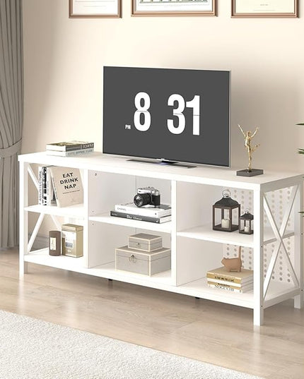 LVB White Entertainment Center, Industrial Wood TV Stand for 65 Inch TV, Modern Metal Media Console Table with Cabinet, Television Stands with Storage Shelf for Living Room Bedroom, White Oak, 55 Inch - LeafyLoom