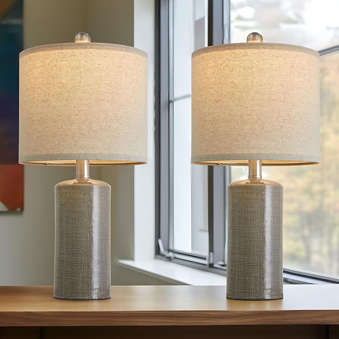 20.25" Small Table Lamps Set of 2 Modern Ceramic Lamps for Living Room Farmhouse Bedside Lamps Boho Lamps for Night Stands Grey Bedroom Lamps Side Table Lamps End Table Lamps - LeafyLoom