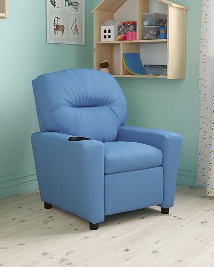 Flash Furniture Chandler Vinyl Kids Recliner with Cup Holder and Safety Recline, Contemporary Reclining Chair for Kids, Supports up to 90 lbs., Light Blue - LeafyLoom