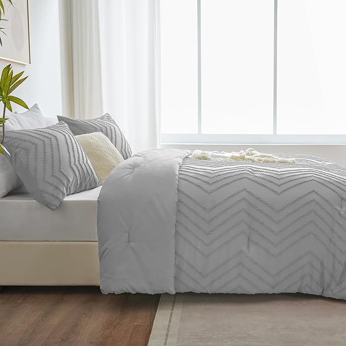 CozyLux Full Size Comforter Set Light Grey - 3 Pieces Boho Tufted Shabby Chic Bedding Comforter Set for All Seasons, Chevron Bedding Sets with Comforter & 2 Pillow Shams - LeafyLoom