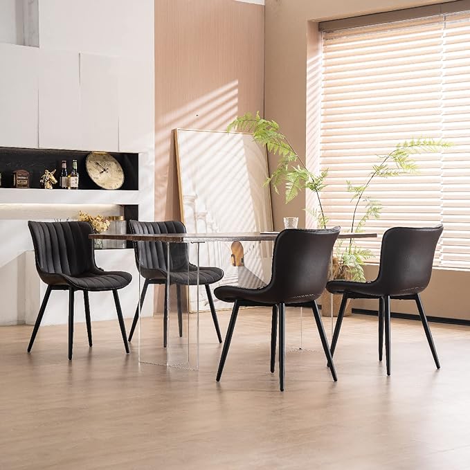 YOUNUOKE Brown Dining Chairs Set of 2 Upholstered Mid Century Modern Kitchen Chairs Armless Faux Leather Accent Guest Side Chair with Back Metal Legs for Living Reception Waiting Room Bedroom - LeafyLoom