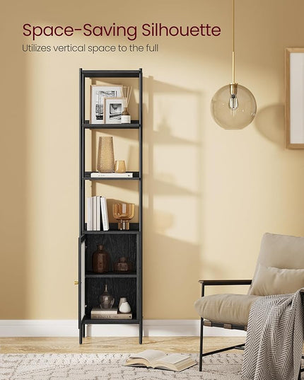 VASAGLE 6-Tier Bookcase, Slim Bookshelf with PC Door, Freestanding Storage Shelf with Metal Frame, Adjustable Shelf, for Living Room, Ebony Black and Matte Black ULLS123B56 - LeafyLoom