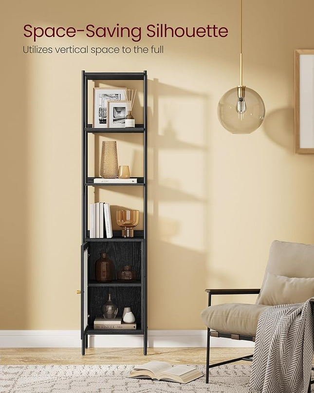 VASAGLE 6-Tier Bookcase, Slim Bookshelf with PC Door, Freestanding Storage Shelf with Metal Frame, Adjustable Shelf, for Living Room, Ebony Black and Matte Black ULLS123B56 - LeafyLoom