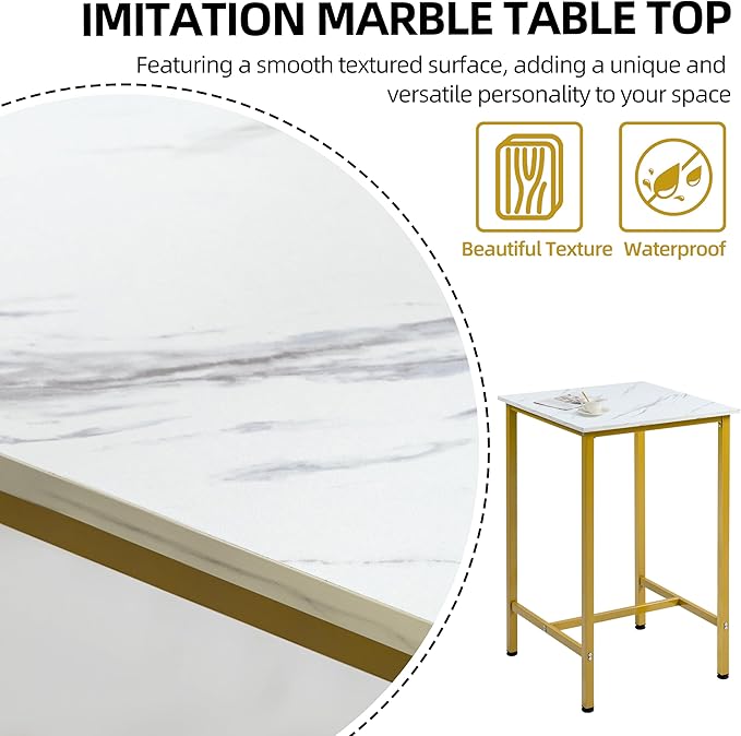 Finnhomy Bar Table, 23.6" Pub Table High Top Table, Square Bar Height Table, Counter Height Cocktail Table, Small Kitchen Table Set for 2, Breakfast for Kitchen, Living Room, White Marble and Gold - LeafyLoom