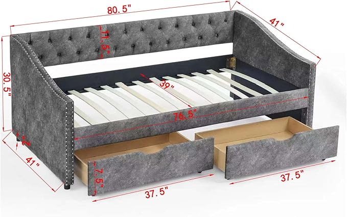 Twin Size Daybed with 2 Storage Drawers,Linen Upholstered Sofa Bed W/Button on Back & Copper Nail on Waved Shape Armrests,No Spring Box Need,Wood Bedframe for Living Room Bedroom Dorm,Grey - LeafyLoom