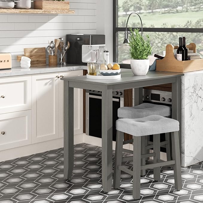 Nathaniel Home 3 Piece Table Set Counter Height Dining Furniture One Bench and Two Saddle Stools, Gray - LeafyLoom