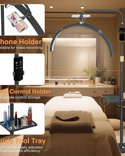 MYSWEETY Lash Light for Eyelash Extensions, 29'' Foldable LED Floor Lamps, Esthetician Light with Phone Holder & Stand Tray, Half Moon Lamp for Tattoo, Nails, Beauty, Filming Content Creation - LeafyLoom