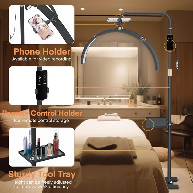 MYSWEETY Lash Light for Eyelash Extensions, 29'' Foldable LED Floor Lamps, Esthetician Light with Phone Holder & Stand Tray, Half Moon Lamp for Tattoo, Nails, Beauty, Filming Content Creation - LeafyLoom