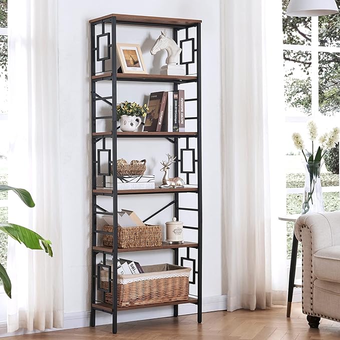 HOMISSUE Bookcase,6-Tier Tall Bookshelf Metal Bookcase and Bookshelves, Free Standing Storage Modern Bookshelf for Home Office Living Room and Bedroom, Rustic Brown - LeafyLoom