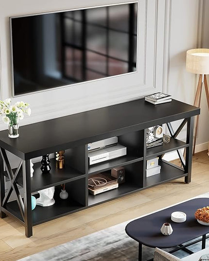 GreenForest TV Stand for TV up to 65 inches, Entertainment Center with 6 Storage Cabinet for Living Room, 55 inch Farmhouse Television Stands Console Table, Industrial TV stands for Living Room, Black - LeafyLoom