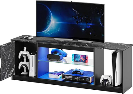 Bestier Led Entertainment Center for PS5, Gaming TV Stand with Cabinet for 60/65 Inch TV, Modern TV Console with Adjustable Glass Shelf for Living Room Easy Assembly Black Marble - LeafyLoom
