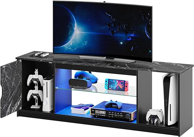 Bestier Led Entertainment Center for PS5, Gaming TV Stand with Cabinet for 60/65 Inch TV, Modern TV Console with Adjustable Glass Shelf for Living Room Easy Assembly Black Marble - LeafyLoom