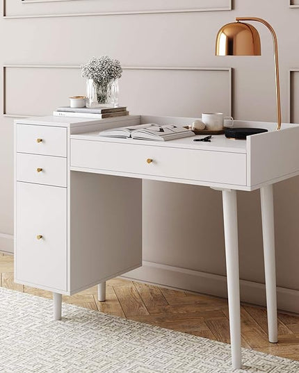 Nathan James Daisy Vanity Dressing Table or Makeup Desk with 4-Drawers and Brass Accent Knobs, White Wood - LeafyLoom