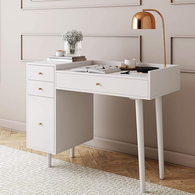 Nathan James Daisy Vanity Dressing Table or Makeup Desk with 4-Drawers and Brass Accent Knobs, White Wood - LeafyLoom