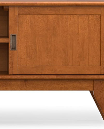 SIMPLIHOME Draper Solid Hardwood Wide Mid Century Modern Media Stand for TVs up to 80 inches for The Living Room and Entertainment Center, 72 inch, Teak Brown - LeafyLoom