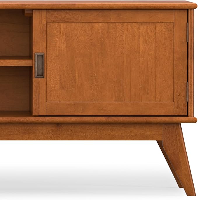 SIMPLIHOME Draper Solid Hardwood Wide Mid Century Modern Media Stand for TVs up to 80 inches for The Living Room and Entertainment Center, 72 inch, Teak Brown - LeafyLoom