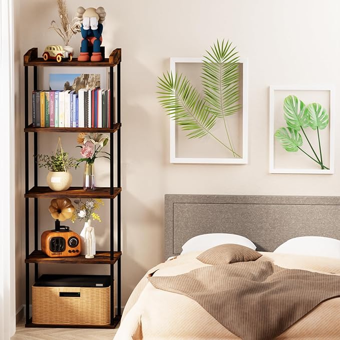 5-Tier Narrow Book Shelf, Tall Industrial Wood Bookcase, Vintage Storage Rack and Standing Bookshelves Display Rack for Home Office, Living Room, Bedroom, Kitchen, Rustic Brown - LeafyLoom