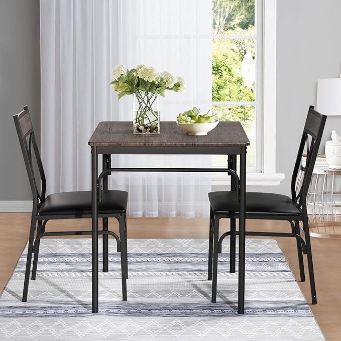 VECELO Kitchen & Dinning Room 3 pieceTable Dinner Table Pu Cushion Chair Small Space,Modern Industrial Style, Dark Brown, Dining set for 2 - LeafyLoom