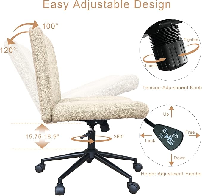 Criss Cross Chair with Wheels, Armless Cross Legged Office Desk Chair,Comfortable Swivel High Adjustable Wide Seat Chair for Home Office (Beige) - LeafyLoom