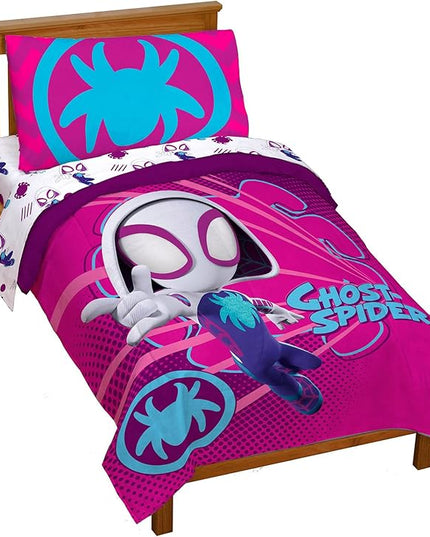 Marvel Spidey & His Amazing Friends Ghost Spider Gwen 4 Piece Toddler Bed Set - Bedding includes Comforter & Sheet Set - Super Soft Fade Resistant Microfiber - LeafyLoom