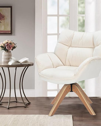 Fabric Accent Chair, Modern Cozy Vanity Chair with Wood Legs, Upholstered Single Boucle Armchair Single Sofa for Living Room Bedroom Office Guest Room Dining Room (Beige) - LeafyLoom