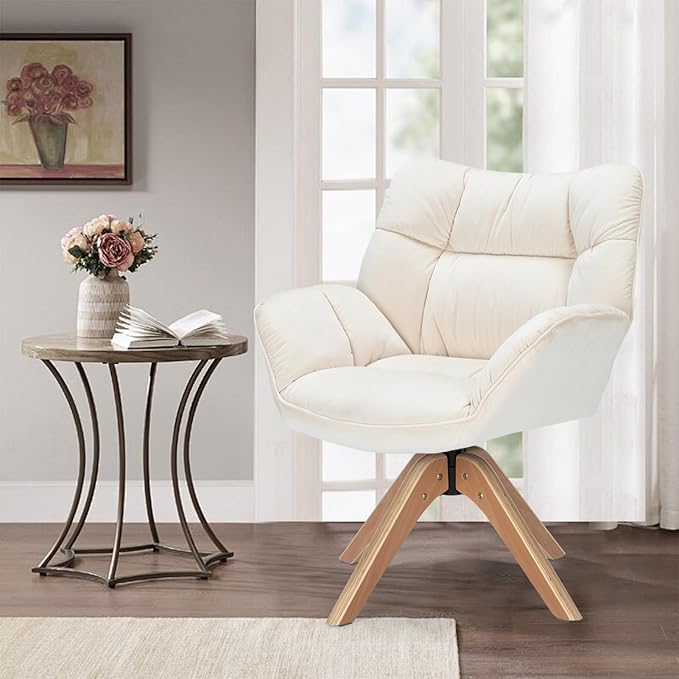 Fabric Accent Chair, Modern Cozy Vanity Chair with Wood Legs, Upholstered Single Boucle Armchair Single Sofa for Living Room Bedroom Office Guest Room Dining Room (Beige) - LeafyLoom