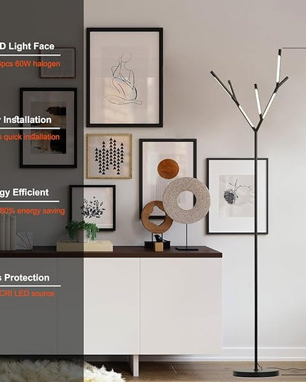 Modern LED Tree Floor Lamp, Black Sputnik Standing Lamp with 6 Chandelier 3000K Warm White Lights, Elegant Slim Tall Pole Lamp for Living Room Bedroom Office Hotel - LeafyLoom