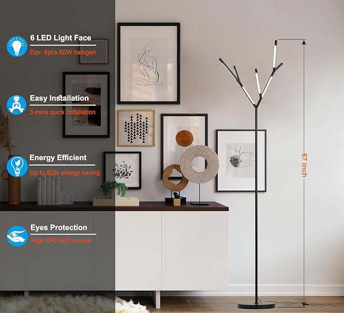 Modern LED Tree Floor Lamp, Black Sputnik Standing Lamp with 6 Chandelier 3000K Warm White Lights, Elegant Slim Tall Pole Lamp for Living Room Bedroom Office Hotel - LeafyLoom