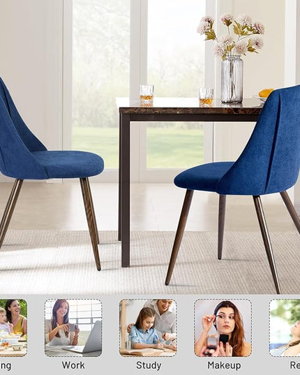 FurnitureR Dining Chairs Set of 2, Upholstered Side Chairs Fabric Armless Living Room Accent Chair with Soft Seat/Metal Legs, Mid-Back Chairs for Home Kitchen Restaurant, Dark Blue - LeafyLoom