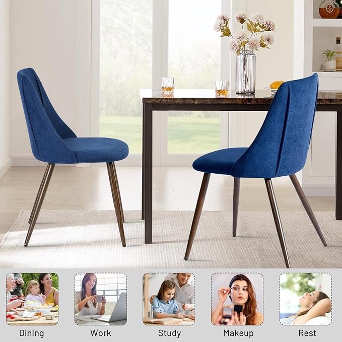 FurnitureR Dining Chairs Set of 2, Upholstered Side Chairs Fabric Armless Living Room Accent Chair with Soft Seat/Metal Legs, Mid-Back Chairs for Home Kitchen Restaurant, Dark Blue - LeafyLoom