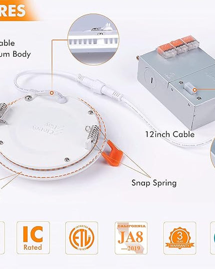 CLOUDY BAY 6 Pack 4 Inch 5CCT Ultra-Thin LED Recessed Ceiling Light with Junction Box,2700K/3000K/3500K/4000K/5000K Selectable,10W Dimmable Canless Wafer Downlight,White,650LM High Brightness CLOUDYBAY