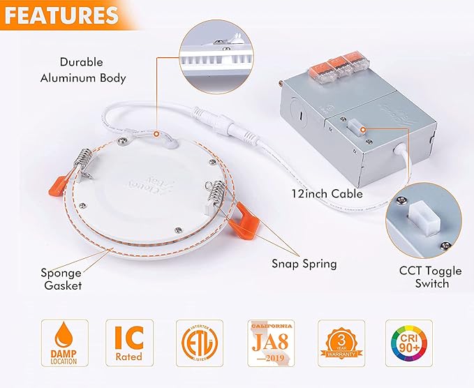 CLOUDY BAY 6 Pack 4 Inch 5CCT Ultra-Thin LED Recessed Ceiling Light with Junction Box,2700K/3000K/3500K/4000K/5000K Selectable,10W Dimmable Canless Wafer Downlight,White,650LM High Brightness CLOUDYBAY