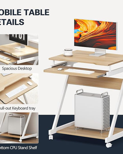 sogesfurniture Mobile Computer Desk Small Rolling Office Table Workstation with Printer Shelf and Keyboard Tray, Space-Saving Computer Desk with Storage Shelf for Home and Office (Maple) - LeafyLoom