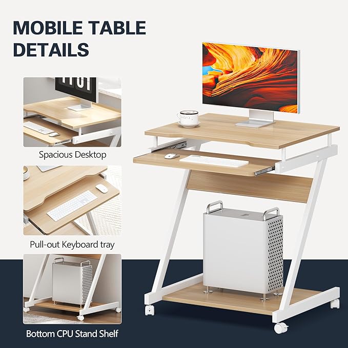 sogesfurniture Mobile Computer Desk Small Rolling Office Table Workstation with Printer Shelf and Keyboard Tray, Space-Saving Computer Desk with Storage Shelf for Home and Office (Maple) - LeafyLoom