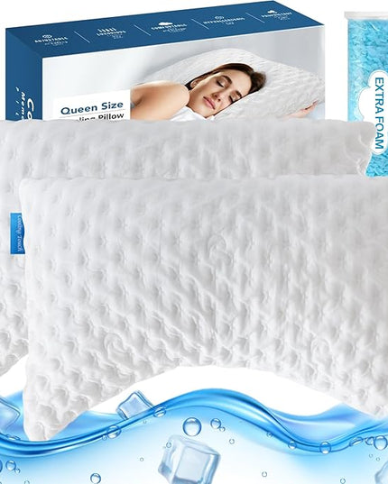 Cooling Side Sleeper Pillow for Neck and Shoulder Pain, Adjustable Shredded Memory Foam Bed Pillows for Sleeping,Ergonomic Curved Pillow with Extra Foam,Queen Size Set of 2, Washable Cover - LeafyLoom