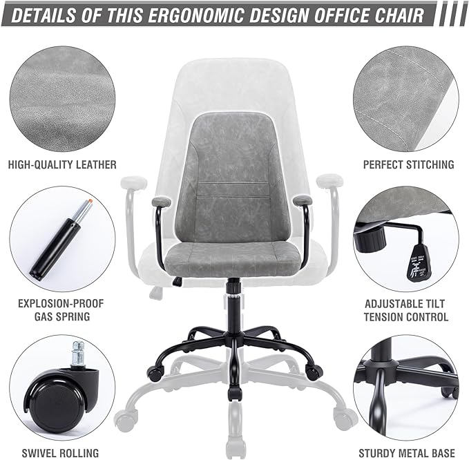 Executive Office Chair, Home Office Desk Chair, Mid Back PU Leather Desk Chair, 360° Swivel Computer Chair, Height Adjustable Tilt Vanity Task Chair for Office, Reading Meeting Room - LeafyLoom