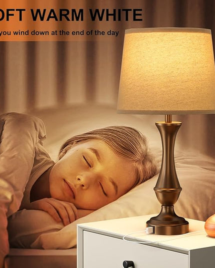 Touch Lamps for Bedrooms Set of 2 - Nightstand Table Lamp with USB C+A, 3 Way Dimmable Bedside Lamps for Living Room End Tables Set of 2, Farmhouse Night Stand Lamps for Bed Side Guest Room(Brown) - LeafyLoom