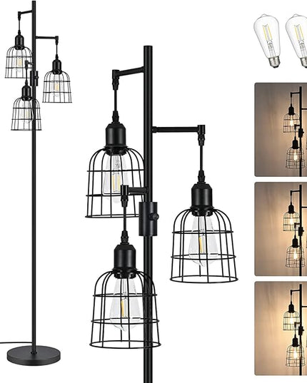 EDISHINE Farmhouse Dimmable Floor Lamp, 3 LED Edison Bulbs Included, Industrial Tree Standing Lamp for Living Room, 3 Metal Birdcage Lampshade, Rustic Tall Corner Lights for Bedroom, Family Room - LeafyLoom