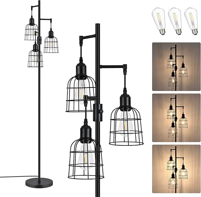 EDISHINE Farmhouse Dimmable Floor Lamp, 3 LED Edison Bulbs Included, Industrial Tree Standing Lamp for Living Room, 3 Metal Birdcage Lampshade, Rustic Tall Corner Lights for Bedroom, Family Room - LeafyLoom