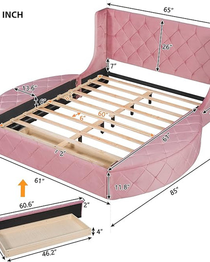 Queen Size Velvet Upholstered Platform Bed with Wingback Headboard, Spacious Drawer, and Convenient Side Storage Stools, Comfort Platform Bed Frame for Home Bedroom, Pink - LeafyLoom