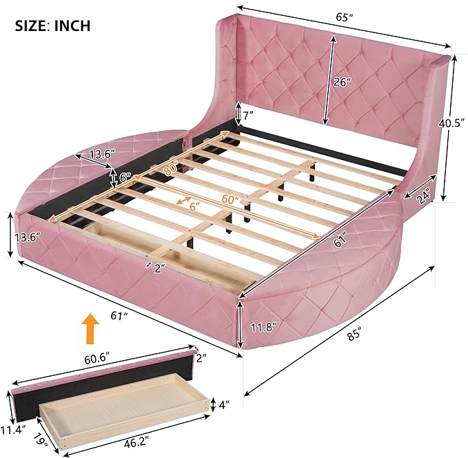 Queen Size Velvet Upholstered Platform Bed with Wingback Headboard, Spacious Drawer, and Convenient Side Storage Stools, Comfort Platform Bed Frame for Home Bedroom, Pink - LeafyLoom