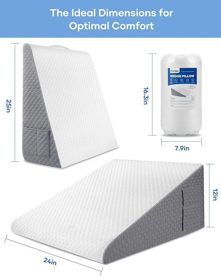 Forias Wedge Pillow 24 * 24 * 12in Bed Wedge Pillow for Sleeping After Surgery Triangle Pillow Wedge for Acid Reflux Gerd Snoring, 1.5in Memory Foam Top, Removable Cover - LeafyLoom