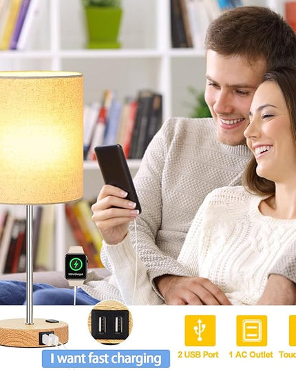 𝟮𝟬𝟮𝟯 𝗡𝗘𝗪 Touch Wood Table Lamps Set of 2, Bedroom Lamps with 2 USB & AC Outlet, 3-Way Dimmable Bedside Nightstand Lamps for Bedroom Living Room Nursery, 800 Lumens 2700K Bulbs Included - LeafyLoom