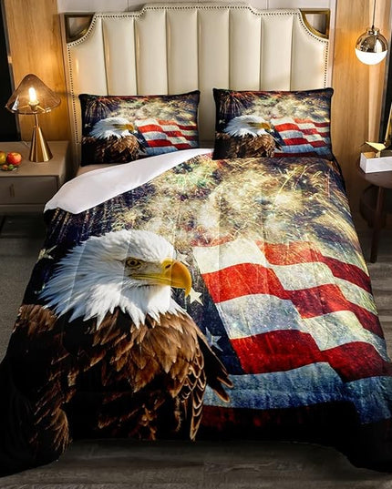Erosebridal American Flag Comforter Eagle Room Decorative Comforter Set Queen Size Firework Bedding Set Wildlife Animal Bird Down Comforter Soft Lightweight Quilt Set with 2 Pillowcases - LeafyLoom