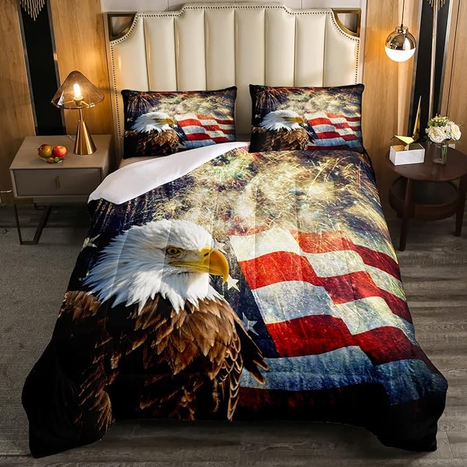 Erosebridal American Flag Comforter Eagle Room Decorative Comforter Set Queen Size Firework Bedding Set Wildlife Animal Bird Down Comforter Soft Lightweight Quilt Set with 2 Pillowcases - LeafyLoom